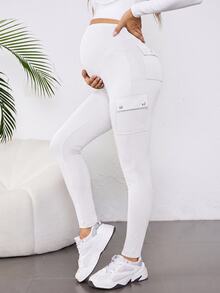 SHEIN 孕婦休閒百搭純色工裝緊身褲 - 白色 - 查看 5