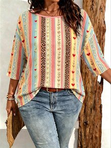 Breezaya Plus Size Women Bohemian Style Pink & Brown Floral Pattern Three-Quarter Sleeve Drop Shoulder T-Shirt - Multicolor - View 1