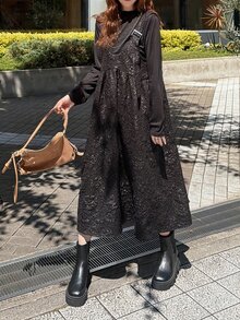 FRIFUL Women's Autumn Textured Fabric Cinched Waist Sleeveless Long Dress - Black - View 4