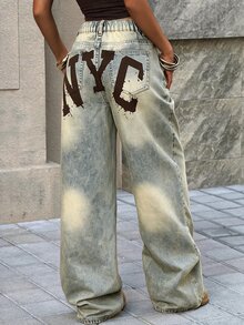 Muchica 女款 Y2K 秋季休閒字母印花高腰寬腿牛仔褲 藍色復古水洗鬆弛街頭風長褲 - 藍色 - 查看 6