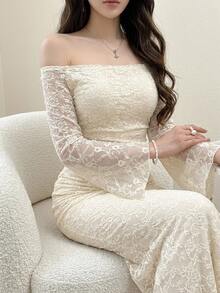 DAZY Women's Sweet & Sexy Lace Off-Shoulder Dress For Wedding And Party - White - View 3