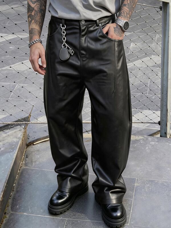 SLATEMANN Men's Black PU Leather Pants, Loose Casual Fashion Versatile Long Pants, Designer Leather Pants