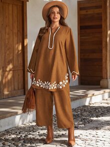 EMERY ROSE Plus Size Floral Embroidered Lace Notched V-Neck Long Sleeve Blouse And Cropped Pants Set Fall Winter 2026 - Coffee Brown - View 6