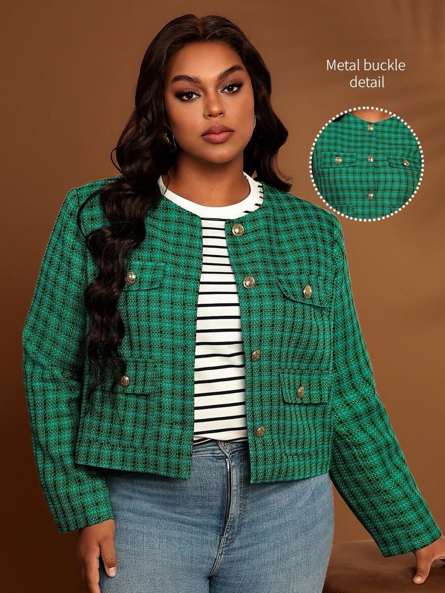 BrightlyHer Plus Size Colorblock Pocket Textured Button Front Round Neck Long Sleeve Jacket Casual Elegant Smart Outerwear Fall Winter 2026 Office Formal Green