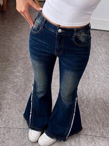 TWEEN GIRLS Tween GirlsDenim Jeans, Vintage Washed Color, Street Style Fashion, Distressed Washed Ripped Hem, Flared Leg, Versatile Fashion New Style - Blue - View 9