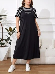 Easowa Curve Set 2 Potong Kaos Bergaris dan Gaun Cami Ukuran Plus - MultiWarna - View 4