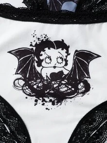 Betty Boop x SHEIN 女款對比色蕾絲卡通印花三角內褲 - 黑色 - 查看 4