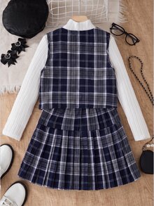 SHEIN 女童大童3件套：無袖鈕扣背心、高領寬螺紋長袖T恤、黑色百褶裙附腰帶 - 白色 - 查看 2