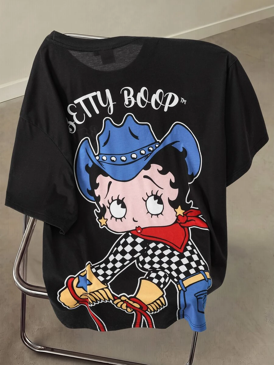 Betty Boop x SHEIN Men's Cartoon Print Short Sleeve T-Shirt For Daily Wear - Black - View 1