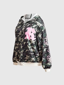 ROMWE Street Life Street Style Camo Colorblock Letter Print Rhinestone Women's Hooded Zip-Up Sweatshirt - Army Green - View 6