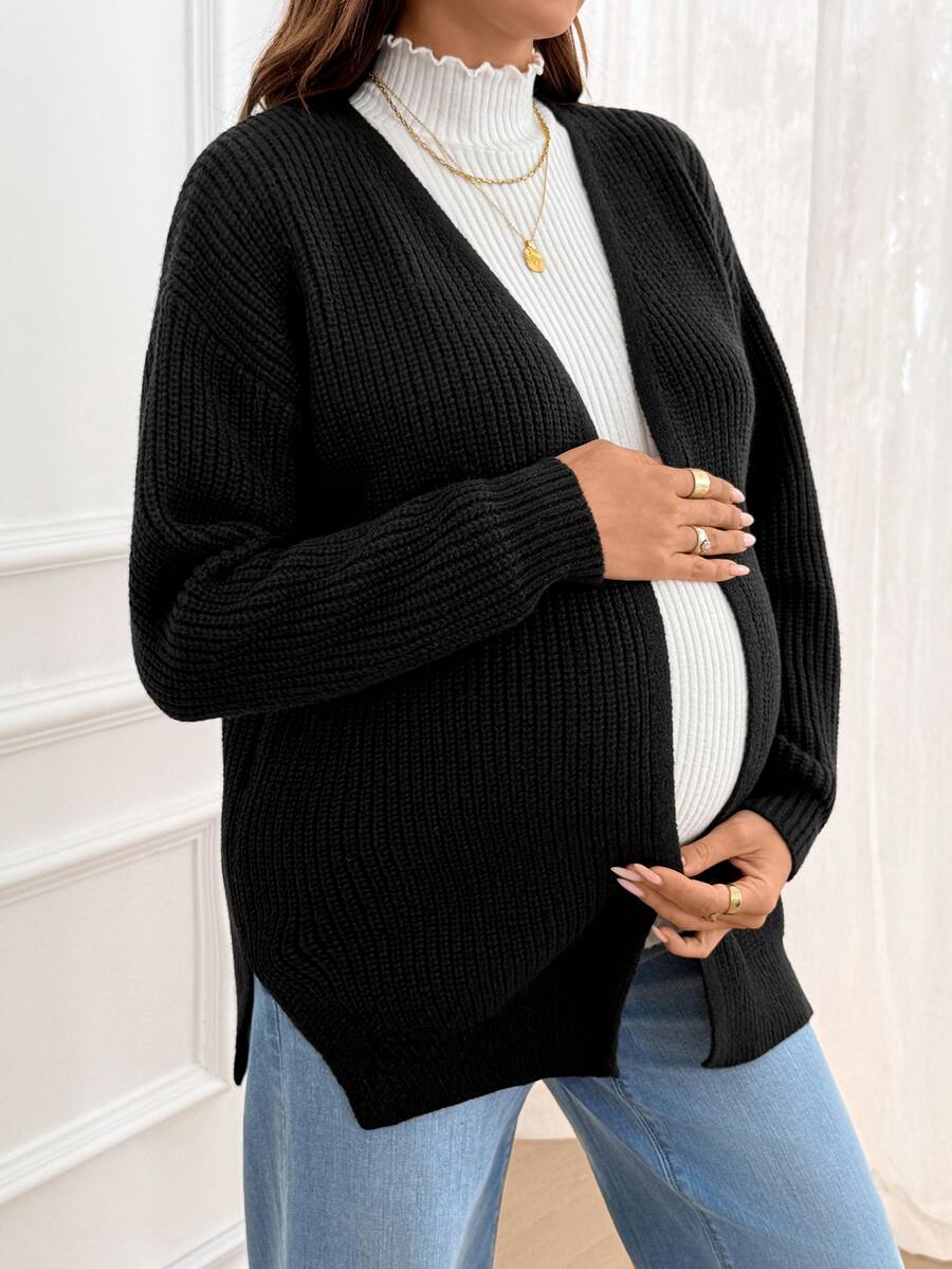 SHEIN 孕婦純色落肩長袖休閒針織開襟衫 - 黑色 - 查看 1