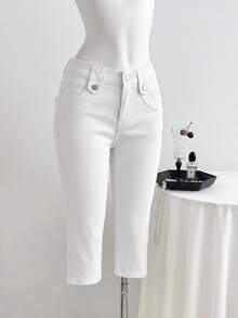 Elamini Celana Jeans Wanita Model Skinny dengan Belahan di Bagian Bawah - Putih - View 3