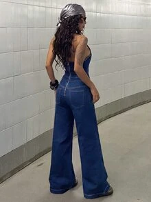 Jeanoix Women's Loose Denim Tie-Waist Jumpsuit - Blue - View 2