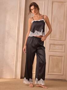 Charlaine Lace Patchwork Faux Silk Camisole & Long Pants Women's Pajama Set - Black - View 5