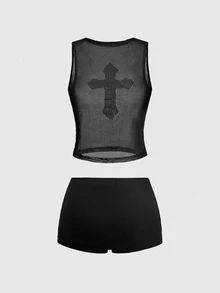 ROMWE Grunge Punk Sexy Punk Rhinestone Cross Bodycon Sheer Tank Top & Ultra Low Waist Mini Skirt 2pcs Set - Black - View 2