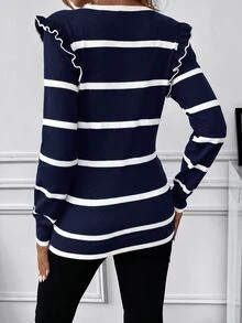 SHEIN Maternity Striped Crew Neck Long Sleeve Patchwork Ruffle Hem Casual Sweater Winter - Navy Blue - View 2