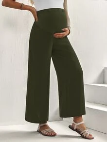 SHEIN Maternity Solid Color Adjustable Waist Casual Wide Leg Pants - Army Green - View 6