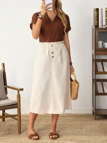 EMERY ROSE Women's Fashion Button Pocket Denim Skirt - Beige - View 7