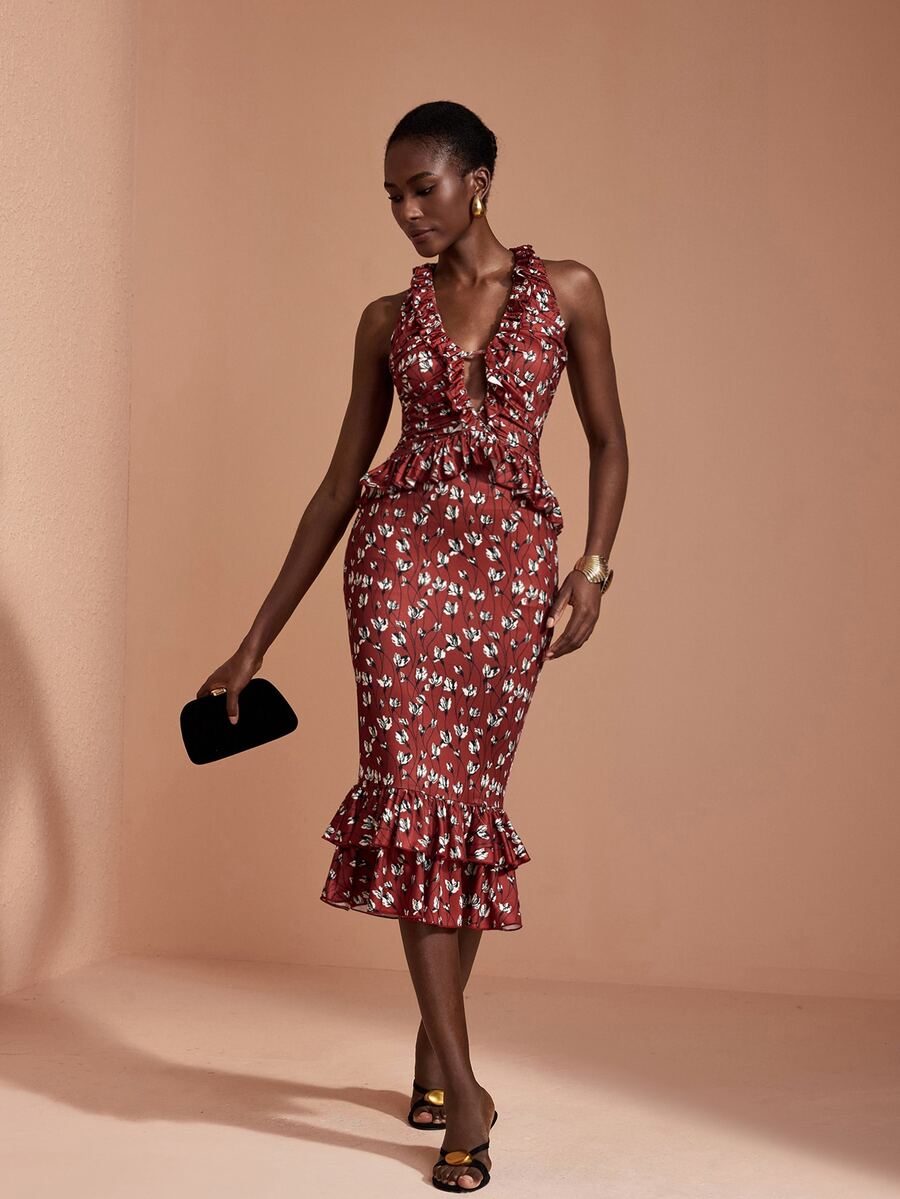JIAN LASALA Knit Floral Print Sleeveless Halter Neck Ruched Ruffle Layers Midi Dress Elegant Vacation - Red - View 1