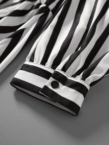GlowEve CURVE Gaun Kasual Modis untuk Liburan, Gaya Prancis Vintage, Elegan, Cocok untuk Perjalanan, Motif Garis Hitam Putih, Jala, dan Patchwork, Cocok untuk Musim Gugur. - Hitam - View 5