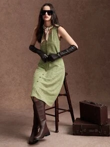 Zovinel Lyocell Wool Fabric Women's Round Neck Button Design Elegant Sleeveless Midi Dress,Back To School, Casual Work,Elegant Fall Summer/Autumn/Winter - Green - View 9