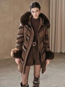 Anewsta Women's Plush Patchwork Casual Versatile Winter Padded Coat - Coffee Brown - View 4