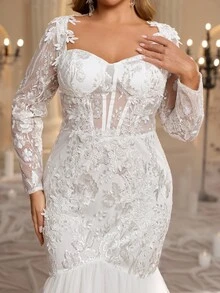 Glamrae Plus Size Sweetheart Neckline Long Sleeve Mermaid Tail Romantic Train Wedding Dress - White - View 8