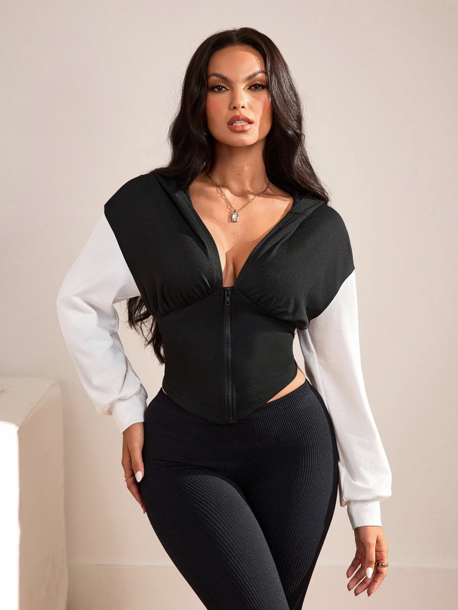 Slayform Women's Colorblock Hooded Waist-Cinching Zip-Up Sports Sweatshirt - Black - View 1