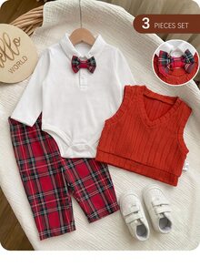 SHEIN 兒童 3 件組新生兒套裝：保暖內裡長袖翻領連身衣、紋理羅紋背心、聖誕格紋長褲，適合冬季聖誕節 - 紅色 - 查看 3