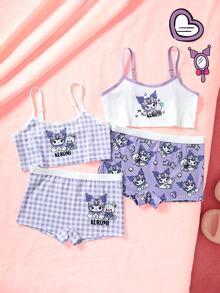 HELLO KITTY AND FRIENDS | SHEIN مجموعة ملابس داخلية للبنات المراهقات 4 قطع، كاميسول وسروال بوكسر، باللون البنفسجي - الأرجواني - مشاهدة 3