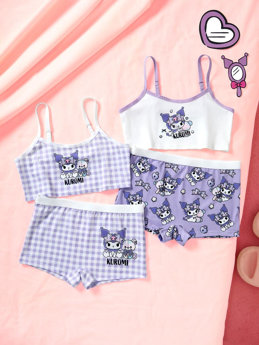 HELLO KITTY AND FRIENDS | SHEIN 4pcs Tween Girl Underwear Set, Camisole & Boxer Briefs Set, Purple Color - Purple - View 1