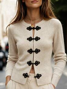 SHEIN 秋季中式風格青蛙鈕扣針織開襟衫女款圓領長袖修身夾克 - 米色 - 查看 8
