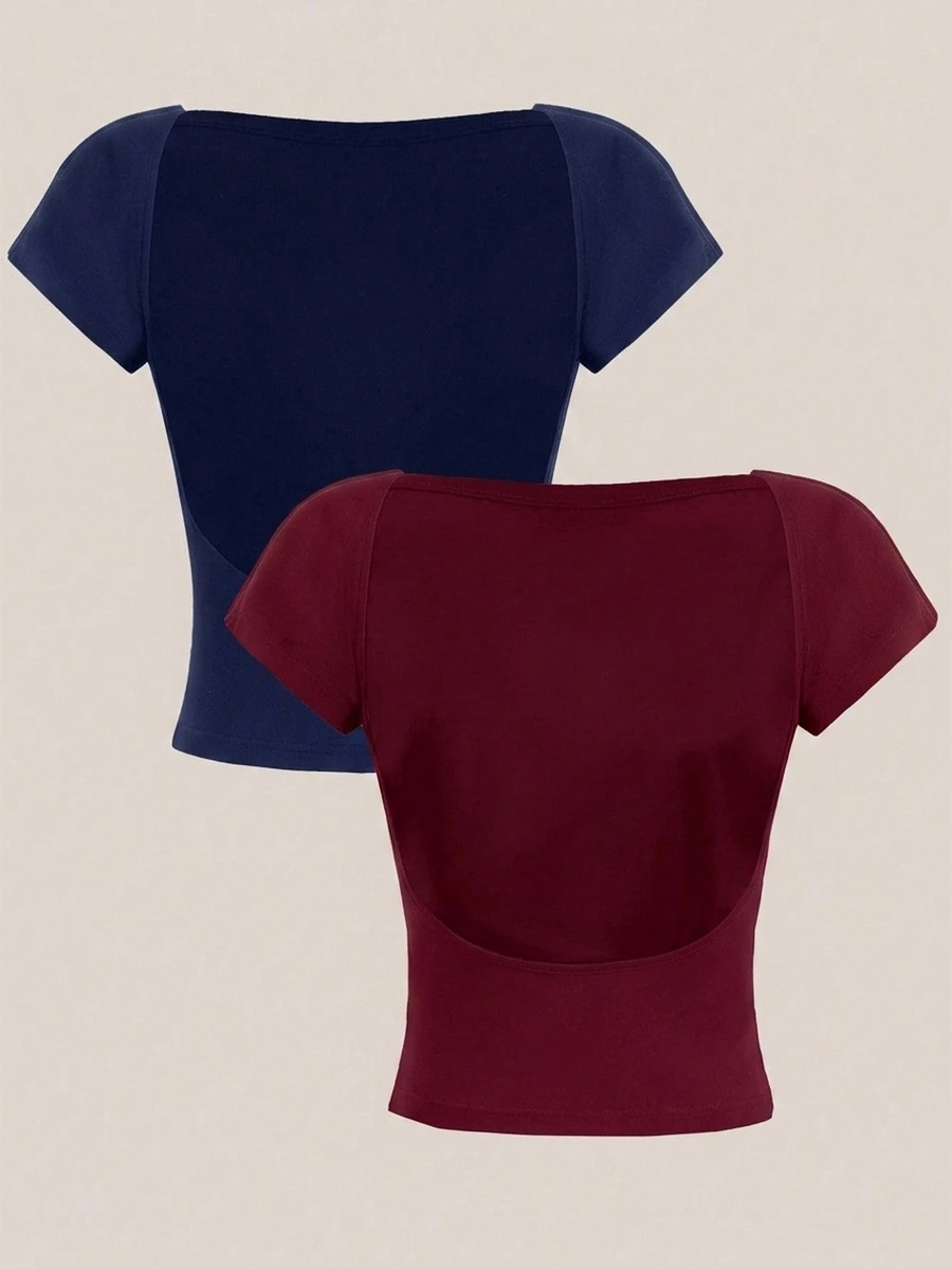 SHEIN EZwear 2件組 女款露背圓領短袖修身短版T恤 - 彩色 - 查看 1
