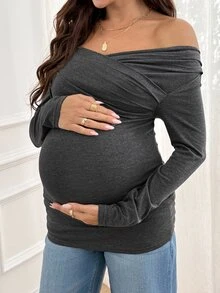 SHEIN Maternity Casual Versatile Cross Pleated Long Sleeve T-Shirt Fall - Grey - View 2