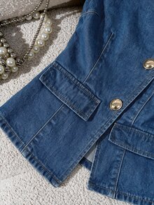 Rivivi Deep Navy Blue Round Neck Asymmetrical Button Slim Fit Denim Jacket With Front Flap Pockets, Darting, Single-Stitch Straight Eyelets, Hand-Sewn Buttons, Commuter Casual Blazer Jacket - Medium Wash - View 5