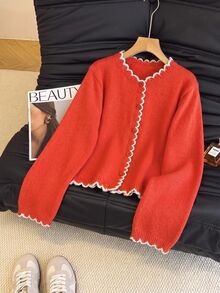 SHEIN Franclia French Romantic Colorblock Wavy Edge Commuter Cardigan - Burnt Orange - View 3