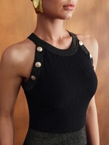 MOTF PREMIUM WOMEN'S METAL BUTTON DECOR FITTED HALTER NECK SWEATER DRESS - Black - View 4