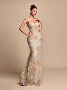 Glamine Floral Sequin Mesh Elegant Evening Dress - Apricot - View 7
