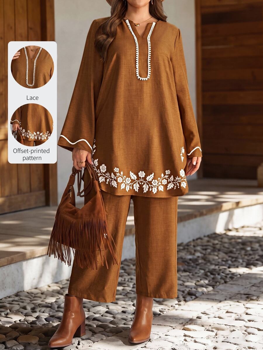 EMERY ROSE Plus Size Floral Embroidered Lace Notched V-Neck Long Sleeve Blouse And Cropped Pants Set Fall Winter 2026 - Coffee Brown - View 1