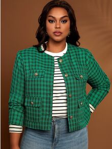 BrightlyHer Plus Size Colorblock Pocket Textured Button Front Round Neck Long Sleeve Jacket Casual Elegant Smart Outerwear Fall Winter 2026 Office Formal Green - Multicolor - View 6