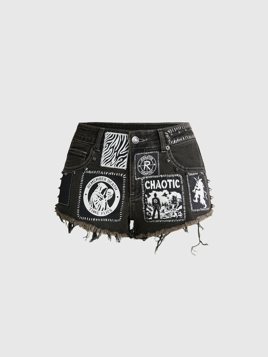 ROMWE Grunge Punk Autumn/Winter Punk Hot Girl Metal Rivet Visual Style Patchwork Print Fur Trim Denim Shorts - Grey - View 1