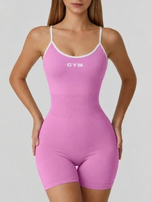 Sovereign Charm Backless Spaghetti Strap Fitted Athletic Modest Athleisure Romper Gym Pink And White Summer - Pink - View 4