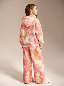 SHEIN 青少年女孩秋冬粉色紮染衛衣套裝，長袖連帽衛衣與寬鬆休閒運動長褲套裝 - 彩色 - 查看 2