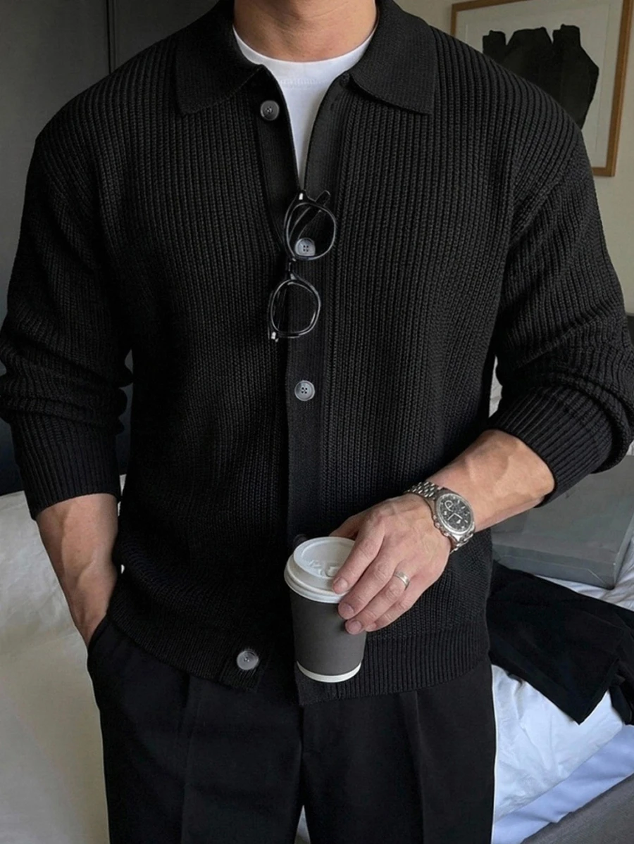 DAZY Men's Plus Size Black Solid Color Shirt Collar Button Front Cardigan, Autumn/Winter - Black - View 1