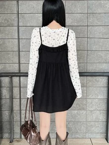 FRIFUL Women's Solid Color Pleated Casual Versatile Daily Wear Camisole Top - Black - View 2