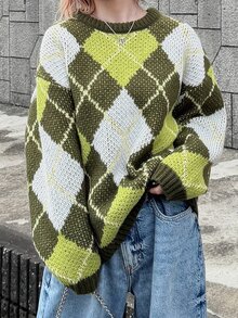 FRIFUL Women's Vintage Vacation Jacquard Long Sleeve Sweater, Fashionable And Versatile Fall Plaid - Khaki - View 1