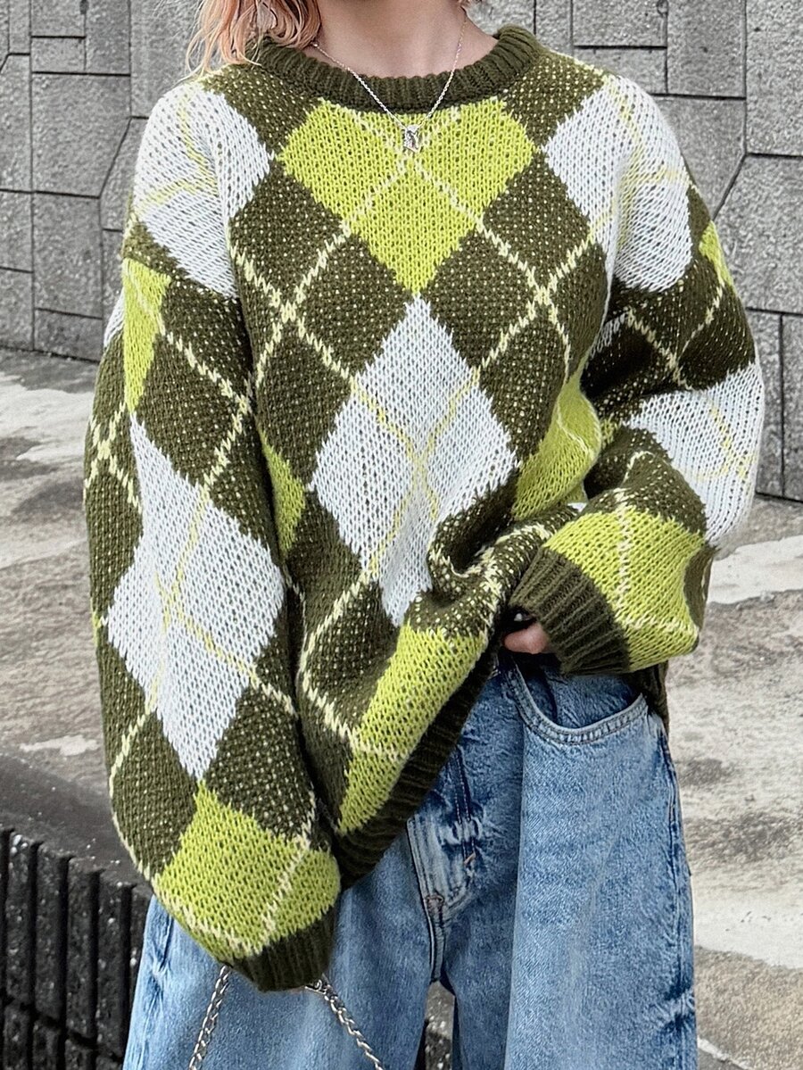 FRIFUL Women's Vintage Vacation Jacquard Long Sleeve Sweater, Fashionable And Versatile Fall Plaid - Khaki - View 1
