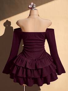 SHEIN ICON Women's Plus Size Textured Black Off-Shoulder Dress Fall - Burgundy - View 2