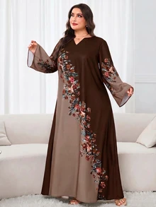 Al Najma 大尺碼女款花卉印花對比色長袖傳統阿拉伯式長袍 - 棕色 - 查看 1