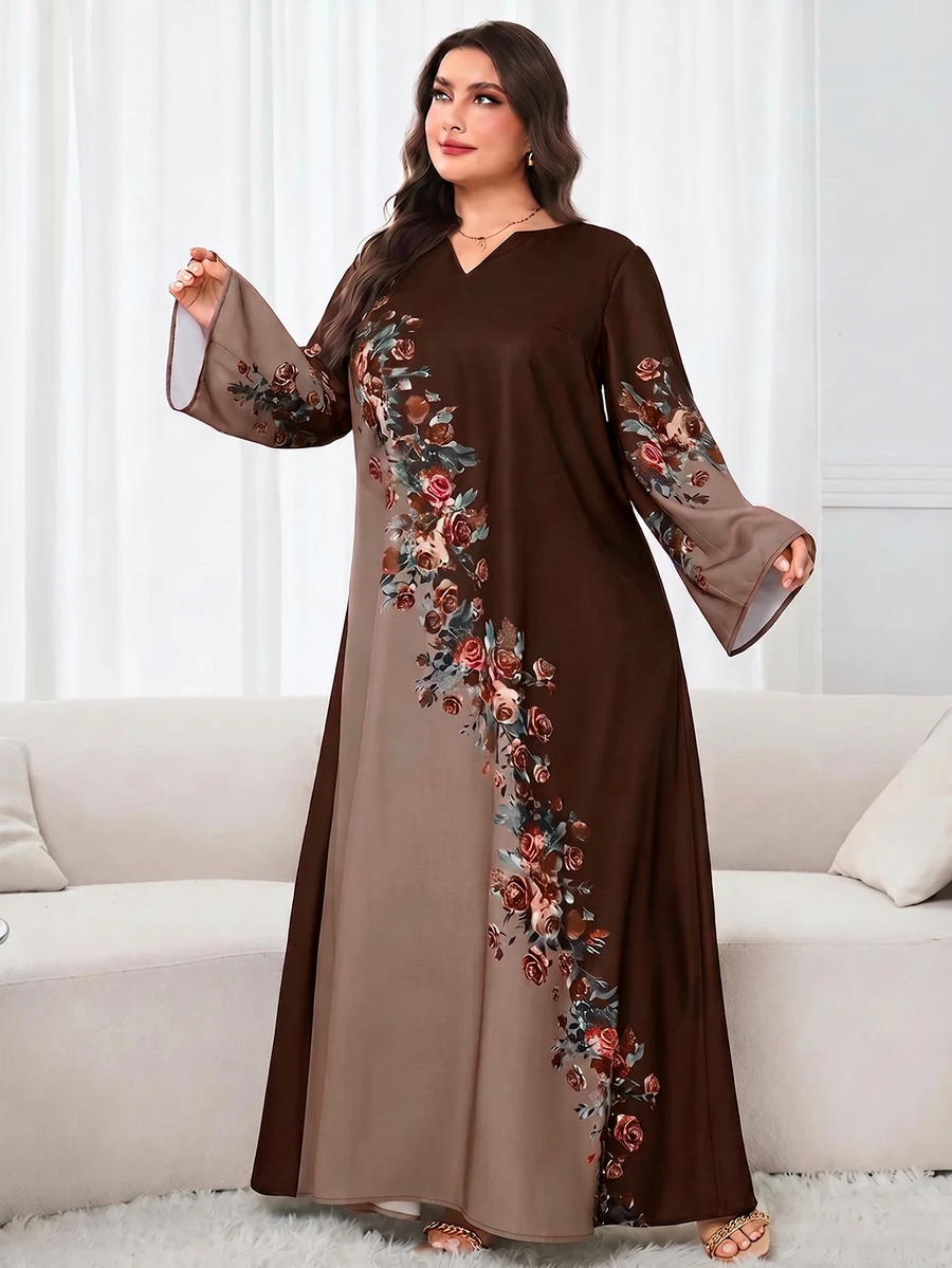 Al Najma 大尺碼女款花卉印花對比色長袖傳統阿拉伯式長袍 - 棕色 - 查看 1